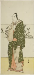 Skuespilleren Ichikawa Monnosuke II, muligens som Matsuya Soshichi, i stykket Chiyo no Hajime Ondo no Seto (Begynnelsen av evigheten: Ondo-stredet i Seto-innsjøen) (), fremført på Kiri-teateret fra den tjuesjuende dagen i den syvende måneden, 1.
