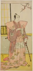 Skuespilleren Ichikawa Omezo I som Koyurugi Motomenosuke () i stykket Haru no Nishiki Date-zome Soga (), fremført på Nakamura-teateret () i den første måneden, 1790 ()