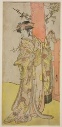 Skuespilleren Iwai Hanshiro IV som Kitsune ga Saki Otama () i stykket Miyakodori Yayoi no Watashi (), fremført på Kiri-teatret () i den tredje måneden, 1787 ()