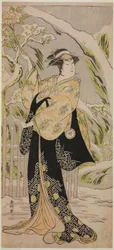 Skuespilleren Iwai Hanshiro IV som Lady Yaehata i stykket Sanga no Sho Haru no Hanayome, fremført på Kiri-teatret i den ellevte måneden, 1787