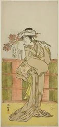 Iwai Hanshiro IV som Umegae forkledd som den kvinnelige spåkonen Omatsu i stykket Mukashi Otoko Yuki no Hinagata, fremført på Ichimura Theatre i den ellevte måneden,