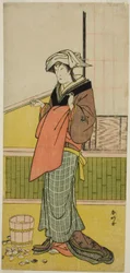 Skuespilleren Nakamura Riko I som Moshio () i stykket Honda Yayoi Meoto Junrei (), oppført på Ichimura-teatret () i den syvende måneden, 1778 ()
