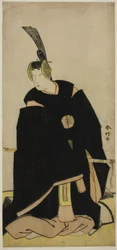 Skuespilleren Nakamura Tomijuro I som Taira no Masakado forkledd som Otomo no Kuronushi () eller Sugawara Michihizane () i stykket Shida Yuzuriha Horai Soga () eller Sugawara Denju Tenarai Kagami (), fremført på Morita Theatre () i den første eller femte m
