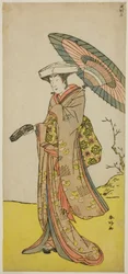 Skuespilleren Nakayama Kojuro VI som Chinzei Hachiro Tametomo forkledd som Lady Hotoke (Hotoke Gozen) i stykket Yukimotsu Take Furisode Genji, fremført på Nakamura-teatret i den ellevte måneden, 1785