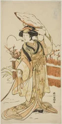 Skuespilleren Yoshizawa Ayame IV som Yadorigi, søsteren til Nikaido Shinanosuke, forkledd som Orie, kona til Aoto Magosaburo, i del to av stykket Motomishi Yuki Sakae Hachi no Ki (Ser opp på fallende snø: Blomstrende pottetrær), fremført på Naka