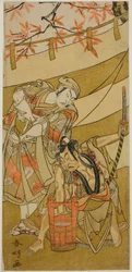 Skuespillerne Ichikawa Raizo II som Kojiro Masahira (til høyre) og Ichikawa Danzo IV som Doi no Yataro (til venstre), i Play Kaomise Ama no Iwato, opptrådte på Nakamura Theatre i den ellevte måneden,