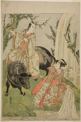 Skuespillerne Segawa Kikunojo III som prinsesse Hatsune (Hatsune Hime) (til høyre), og Ichikawa Monnosuke II som Miyukinosuke Yukinari, i stykket Otokoyama Furisode Genji, fremført på Kiri-teatret i den ellevte måneden, 1785
