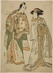 Skuespillerne Segawa Kikunojo III som kurtisanen Sumizome (høyre), og Ichikawa Monnosuke II som Goinosuke Yoshimine (venstre), i stykket Juni-hitoe Komachi-zakura, fremført på Kiri-teatret i den ellevte måneden, 1784