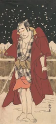 Onoe Matsusuke som mann bevæpnet med et sverd, stående i snø foran et gjerde, 1786.
