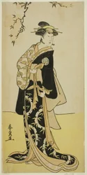 Skuespilleren Yamashita Mangiku I som Lady Yuya (Yuya Gozen) (?) i stykket Heike Hyobanki (?), fremført på Nakamura Theatre (?) i den syvende måneden, 1789 (?)