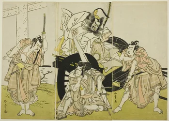 Skuespillerne Nakajima Mihoemon II som Fujiwara no Shihei, Ichikawa Ebizô III som Matsuo-maru, Ichikawa Yaozô II som Sakura-maru, og Ichimura Uzaemon IX som Umeo-maru i quot;Sugawara#39;s Secrets of Calligraphyquot; (quot;Sugawara kagami denju tenaraiquot;