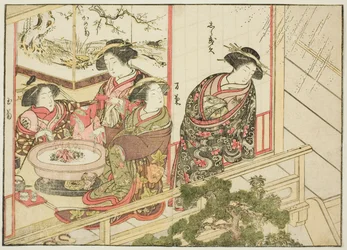 Kurtisaner fra Kiribishiya, fra boken "Mirror of Beautiful Women of the Pleasure Quarters (Seiro bijin awase sugata kagami)," vol. 2