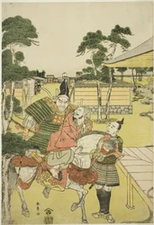Musashibo Benkei tar med den fangede Tosabo Shoshunen til Yoshitsune i stykket Horikawa Youchi no Zu Uki-e Nimaitsuzuki