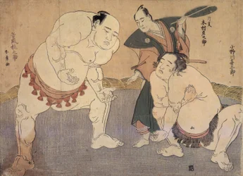 Onagawa Kisaburo og Tanikaze Kajinosuke fremfører Shiriki i Dohyo, referert til av Kimura Shonosuke