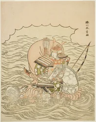 Taira no Atsumori Riding a Horse into the Sea, ca. 1770 (farget treblokktrykk; chuban)