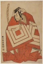 Skuespilleren Ichikawa Danjuro IV i en quot;Shibarakuquot;-rolle, muligens fra stykket Ima o Sakari Suehiro Genji (Genji-klanen nå på sitt høydepunkt), fremført på Nakamura-teatret fra den første dagen i den ellevte måneden, 1768