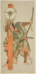 Skuespilleren Ichikawa Danjuro V som Atomi no Ichii i stykket Miya-bashira Iwao no Butai, fremført på Morita Theatre i den syvende måneden, 1773