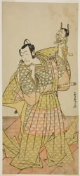 Skuespilleren Ichikawa Danjuro V som Kudo Suketsune i stykket Kaido Ichi Yawaragi Soga, fremført på Nakamura Theatre i den første måneden, 1778