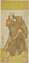 Skuespilleren Ichikawa Danjuro vs Prince Koretaka forkledd som kureren Izutsu Chuji, i Play Yamato Kano Ariwara Keizu, opptrådte på Nakamura Theatre i den femte måneden,