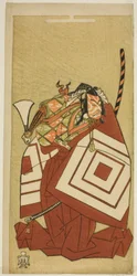 Skuespilleren Ichikawa Danjuro V som Watanabe Kiou Takiguchi i Play Nue no Mori Ichiyo no Mato, fremført på Nakamura Theatre i den ellevte måneden, 1770