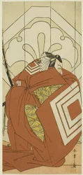 Skuespilleren Ichikawa Danjuro V i en quot;Shibarakuquot;-rolle, sannsynligvis som Kato Hyoeisa Shigemitsu, i den tredje scenen av stykket Masakado Kammuri no Hatsuyuki (Den første snøen på Taira no Masakados hoffhodeplagg), fremført på Nakamura-teatret i 