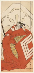 Skuespilleren Ichikawa Danjuro V i en quot;Shibarakuquot;-rolle, sannsynligvis som Kato Hyoeisa Shigemitsu, i den tredje scenen av stykket Masakado Kammuri no Hatsuyuki (Den første snøen på Taira no Masakados hoffhodeplagg), fremført på Nakamura-teatret i 