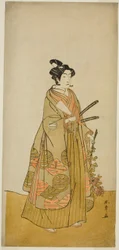 Skuespilleren Ichikawa Monnosuke II som Kichisaburo, Temple Page of Kichijo-ji, i stykket Sono Kyodai Fuji no Sugatami, fremført på Morita Theatre i den andre måneden, 1776