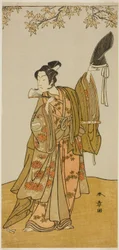 Skuespilleren Ichikawa Monnosuke II som Shimokobe Shoji Yukihira, i Play Gohiiki Kanjincho (Your Favorite Play Kanjincho [Abonnementslisten]), fremført på Nakamura Theatre fra den første dagen i den ellevte måneden, 1773