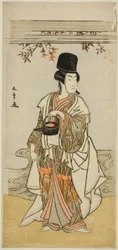 Skuespilleren Ichikawa Monnosuke II som hofftjener Shoheida Sadamori i stykket Masakado Kammuri no Hatsuyuki, fremført på Nakamura Theatre i den ellevte måneden, 1777