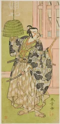 Skuespilleren Ichimura Uzaemon IX som Fuwa Banzaemon i stykket Keisei Nagoya Obi, fremført på Ichimura Theatre i den åttende måneden, 1771