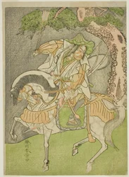 Skuespilleren Matsumoto Koshiro II som Kagekiyo forkledd som Omi Yawatanosuke i stykket Haru wa Soga Akebono-zoshi, fremført på Nakamura Theatre i den første måneden, 1772