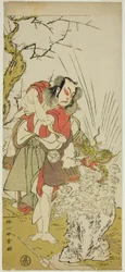 Skuespilleren Nakamura Juzo II som Yushichi (?) i stykket Keisei Momiji no Uchikake (?), fremført på Morita Theatre (?) i den syvende måneden, 1772 (?)