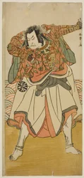 Skuespilleren Nakamura Nakazo I som Chinzei Hachiro Tametomo forkledd som en asketisk munk, i stykket Kitekaeru Nishiki no Wakayaka, fremført på Nakamura Theatre i den ellevte måneden, 1780