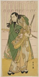 Skuespilleren Nakamura Nakazo I som Hige no Ikyu i stykket Nanakusa Yosooi Soga, fremført på Nakamura Theatre i den femte måneden, 1782
