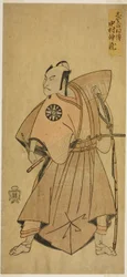 Skuespilleren Nakamura Nakazo I som Osada no Taro (?) i stykket Ima o Sakari Suehiro Genji (?), fremført på Nakamura Theatre (?) i den ellevte måneden, 1768 (?)