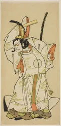 Skuespilleren Nakamura Nakazo I som prins Koreakira (?) i stykket Gohiiki Kanjincho, fremført på Nakamura Theatre i den ellevte måneden, 1773