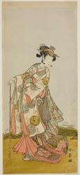 Skuespilleren Nakamura Noshio I som prinsesse Usuyuki (Usuyuki Hime) i stykket "Shin Usuyuki Monogatari," fremførte på Morita Theatre i den femte måneden, 1774