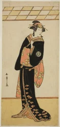 Skuespilleren Nakamura Riko I som Lady Manko (Manko Gozen) (?) i Play Soga Musume Choja (?), fremført på Nakamura Theatre (?) i den første måneden, 1784 (?)