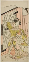 Skuespilleren Nakamura Tomijuro I som Lady Hangaku (Hangaku Gozen) i stykket Wada-gassen Onna Maizuru, fremført på Nakamura Theatre i den syvende måneden, 1777