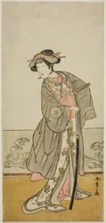 Skuespilleren Nakamura Tomijuro I som Lady Hangaku (Hangaku Gozen) i stykket Wada-gassen Onna Maizuru, fremført på Nakamura Theatre i den syvende måneden, 1777