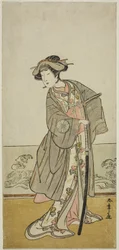 Skuespilleren Nakamura Tomijuro I som Lady Hangaku (Hangaku Gozen) i skuespillet Wada-gassen Onna Maizuru, fremført på Nakamura Theatre i den syvende måneden, ca. 1777 (farget treblokktrykk; hosoban)