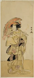 Skuespilleren Nakamura Tomijuro I som en kvinnelig rev fra Ubagadake-fjellet i stykket Chigo Torii Tobiiri Kitsune, fremført på Ichimura-teatret i den ellevte måneden, 1777