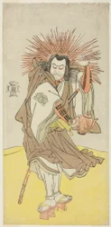 Skuespilleren Nakayama Kojuro VI som Osada no Taro Kagemune (i virkeligheten Hatcho Tsubute no Kiheiji), i forkledning av en lyktetenner fra Gion-helligdommen, i tredje akt fra første del av stykket Yukimotsu Take Furisode Genji (Snødekt bambus: Genji i la