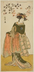 Skuespilleren Nakayama Tomisaburo I som Geisha Yukino (eller Oyuki?) i stykket Kabuki no Hana Bandai Soga, fremført på Ichimura Theatre i den fjerde måneden, 1781