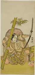 Skuespilleren Otani Hiroji III som garde Kuriu Zaemon Yorikata i skuespillet Azuma no Mori Sakae Kusunoki, fremført på Ichimura Theatre i den ellevte måneden, 1779