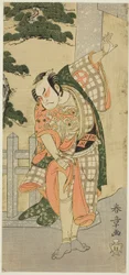 Skuespilleren Otani Hiroji III i en sceneposisjon (Mie) foran en helligdomsport