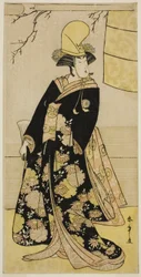 Skuespilleren Segawa Kikunojo III som Shirabyoshi-danser i Musume Dojo-ji i skuespillet Edo no Hana Mimasu Soga, fremført på Nakamura Theatre i den fjerde måneden, 1783