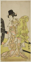 Skuespilleren Yamashita Kinsaku II som Tsukimasu, opptrer som Sakura-maru, i stykket Miya-bashira Iwao no Butai, fremført på Morita Theatre i den syvende måneden, 1773