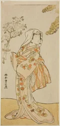 Skuespilleren Yoshizawa Sakinosuke III som Naniwazu i stykket Sugata no Hana Yuki no Kuronushi, oppført på Ichimura-teateret i den ellevte måneden 1776
