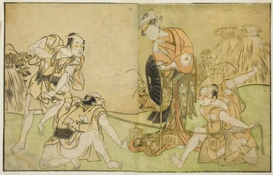 Skuespillerne Bando Zenji I som Nagahashi Saburo, Iwai Hanshiro IV som Otatsu-gitsune, Nakamura Konozo som Hagai Ujitsune, og en uidentifisert skuespiller (høyre til venstre), i Play Nue no Mori Ichiyo no Mato, fremført på Nakamura Theatre i ellevte måned,